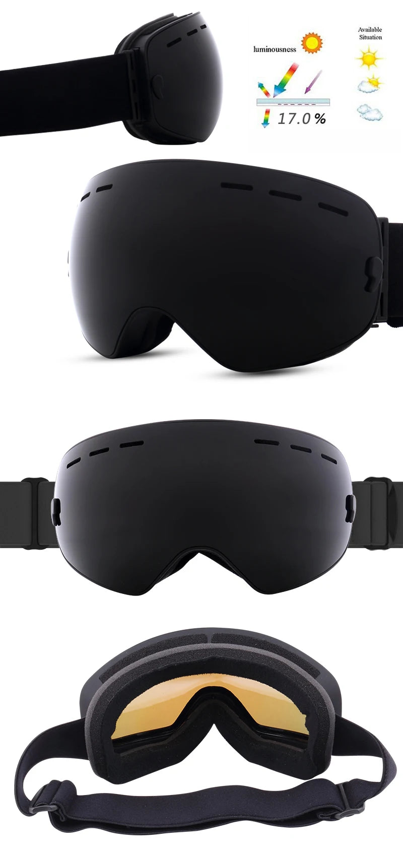 PHMAX Ski Goggles Men Snowboard Glasses Women Winter Outdoor Snow Sunglasses UV400 Double Layers Lens Anti-Fog Skiing Goggles