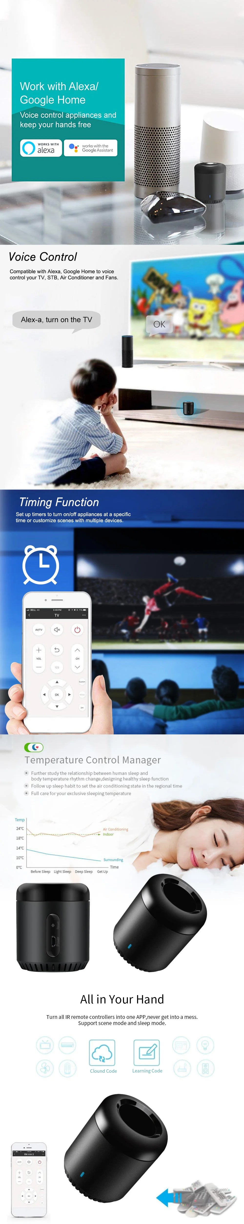 BroadLink RM4 BestCon RM4C mini Wi-Fi Smart Universal Remotefor Air Conditioner TV Voice Control with Google Home & Alexa HUB