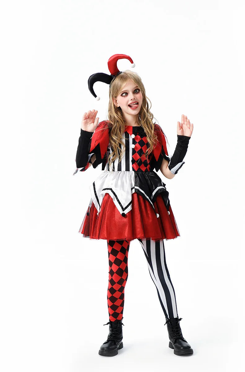Naughty Girls Clown Costume Kids Circus Scary Tutu Dress Halloween Cosplay Costumes Carnival Party Jester Dress Up Full Set