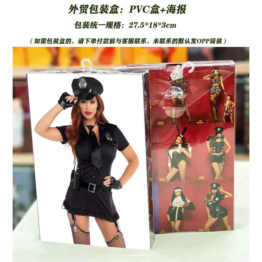 7 Pieces Black Police Women Sexy Short Mini Dress With Belt Walkie Talkie Hat Policewomen PU Gloves Cosplay Costume Uniform Set