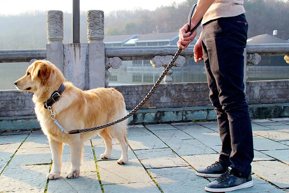 Strong Durable Real Leather Large Dog Leash with No Pull Buffer Spring Leather Braided Dog Training Leash Pet Leads Dog Chain