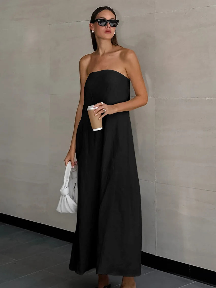 Minimalist Cotton Linen Design Strapless Dress Summer Women's Personal Street Elastic Backless Pocket Vacation Beach Dress