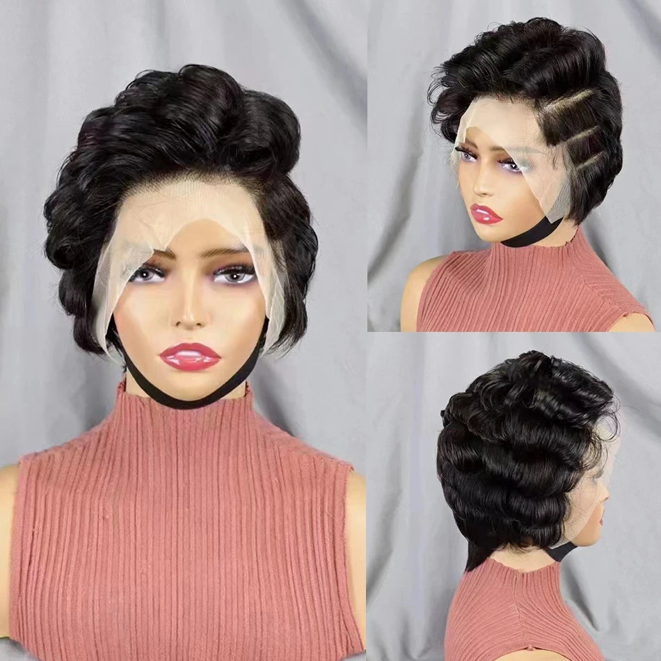 Pixie Cut Wig Short Curly Lace Front Human Hair Wigs For Black Women Raw Indian Finger Wave 13x4 Transparent Lace Frontal Wigs