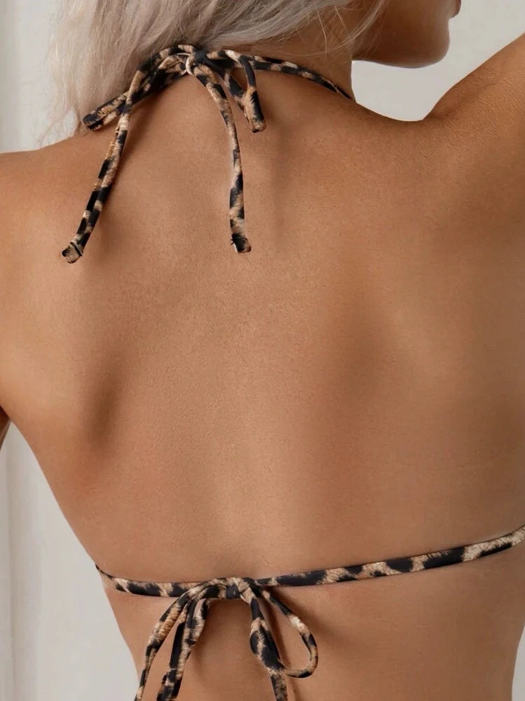Sexy Bikini 2 Piece Set Drawstring Straps Black Leopard Print Swimsuit For Women 2025 Summer New A Knot On The Chest