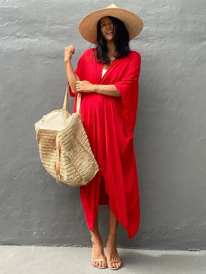 New Boho Beach Kimono Swimwear Women Cotton Holiday Summer Women's Tunic Beachwear Outfits Solid Oversize Cover-Ups
