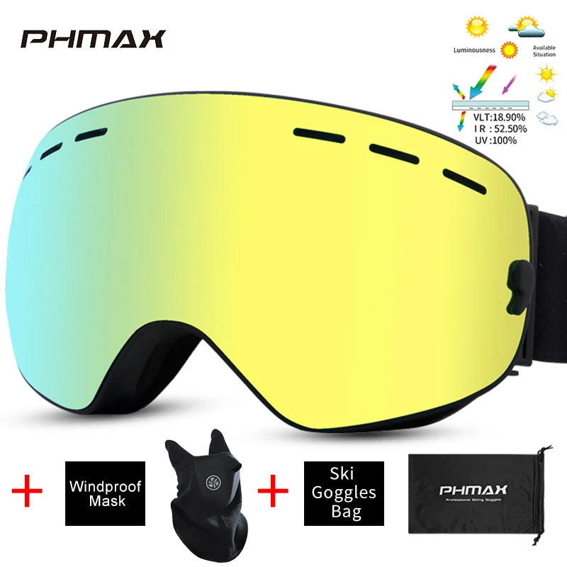 PHMAX Ski Goggles Men Snowboard Glasses Women Winter Outdoor Snow Sunglasses UV400 Double Layers Lens Anti-Fog Skiing Goggles