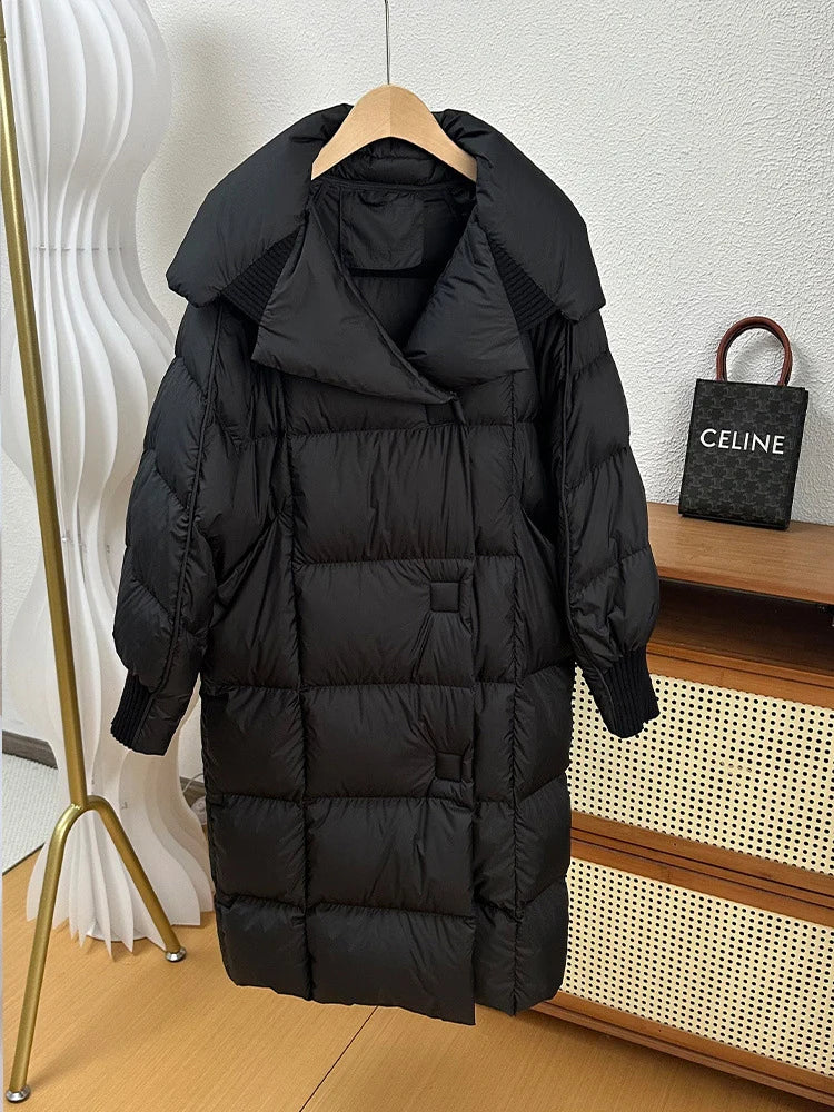 Schinteon Women White Duck Down Long Jacket Autumn Winter Warm Casual Over Size Loose Outwear Soft Comfortable Fashion Coat New