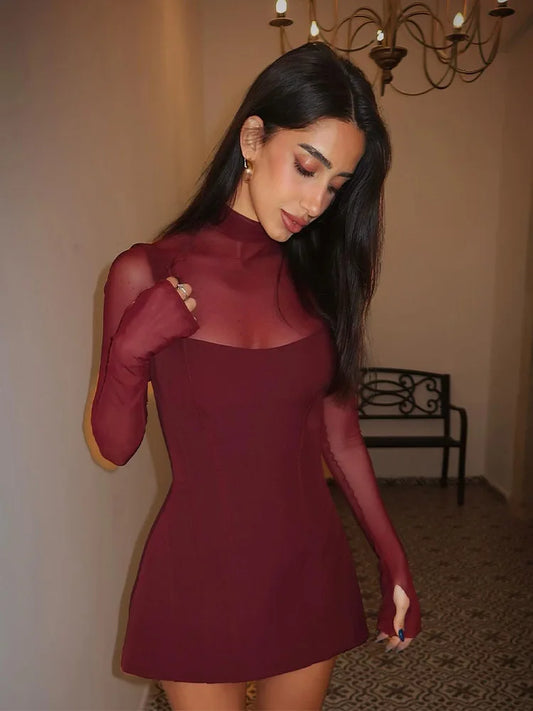 Huhugirl Mesh Patchwork Dresses For Women Fashion Sexy Streetwear Solid Full Sleeve Turtleneck Skinny Mini Vestidos Robes Female