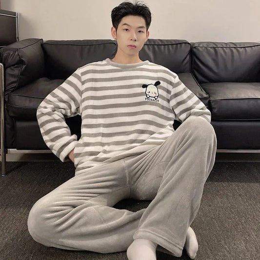 Autumn Winter Oversized Cartoon Print Pajamas for Men Letter Crew Neck New 2025 Men's Pajamas Set Fashion Soft Casual Homewear