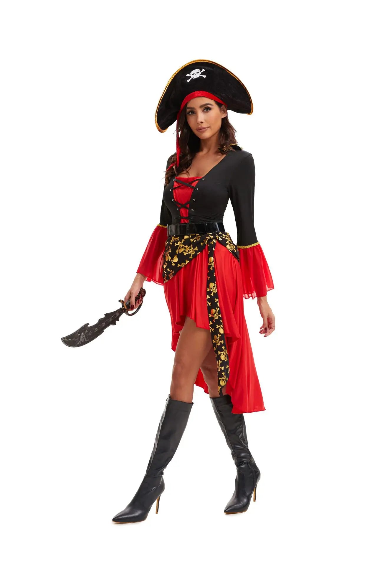 S-3XL Black Red Dress With Belt Pirate Hat Role Playing Cosplay Costume Halloween Women Sexy Underwear With Long Sleeves