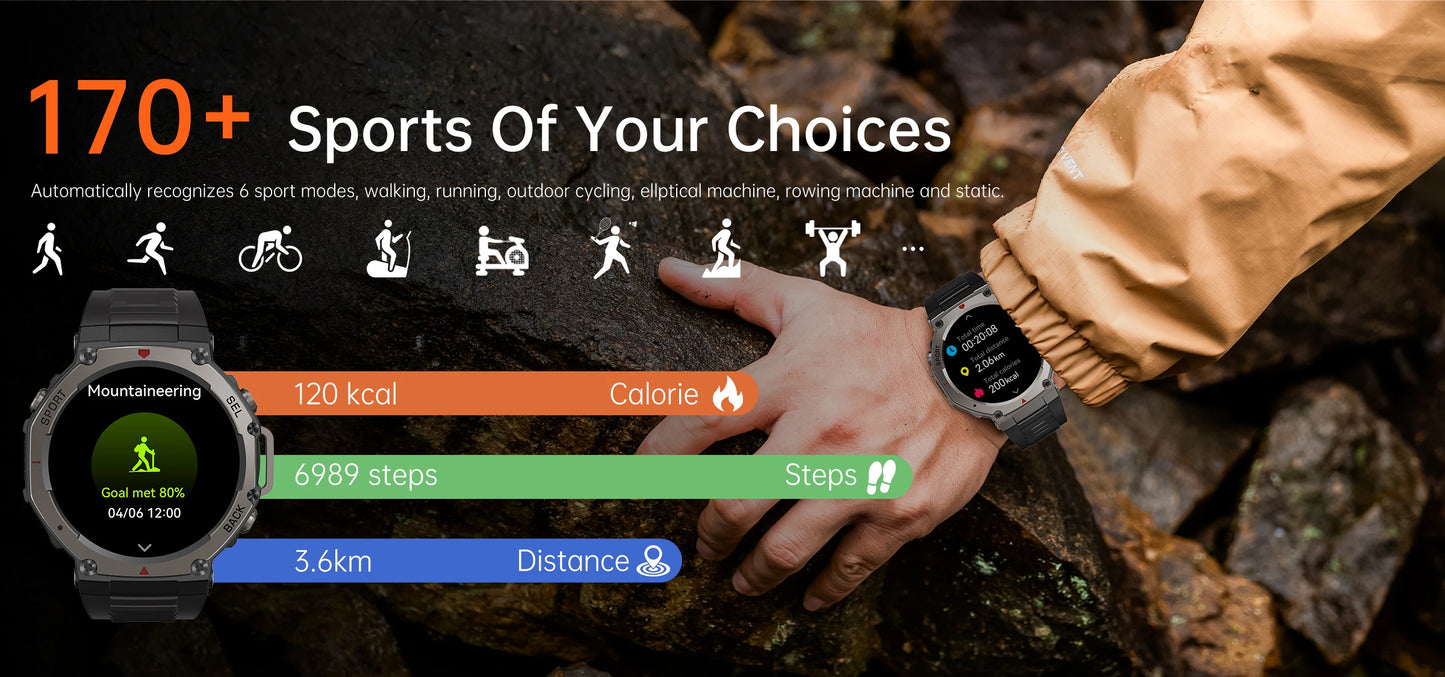 New T-Rex3 GPS Smart Watches 2025 for Xiaomi IOS Military Smartwatch Men 10ATM Waterproof 170 Sport Modes Built-in GPS BT Call