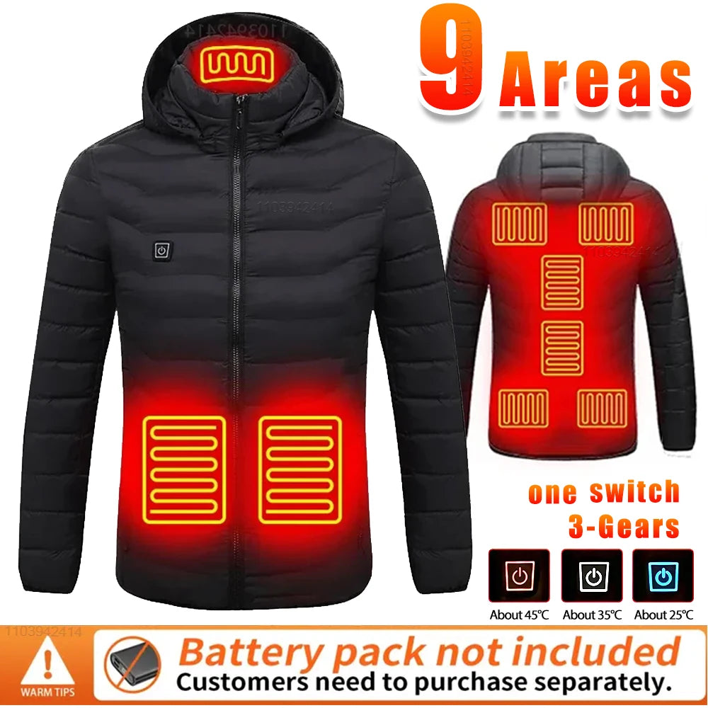9 Areas Heated Jacket USB Electric Self Heating Jacket for Men Women Winter Cotton Coats Ski Hunting Down Jacket Heated Clothing