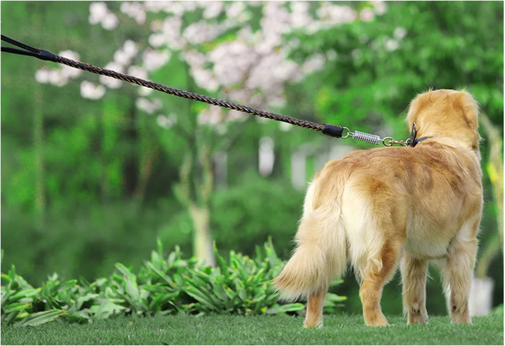 Strong Durable Real Leather Large Dog Leash with No Pull Buffer Spring Leather Braided Dog Training Leash Pet Leads Dog Chain
