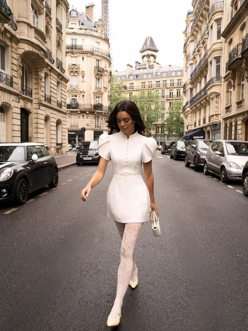 Trendix Button Patchwork Elegant Dress For Women Fashion Pleated Short Sleeve Short Dresses Femme Office Commuter A-Line Dress
