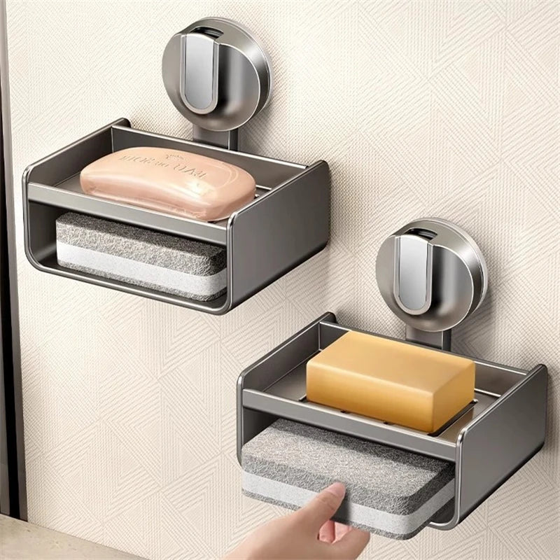 No-Drill Bathroom Soap Holder - Suction Cup Wall Mount Organizer Double Drainage, Holds Soap & Sponge, Space-Saving Storage Rack
