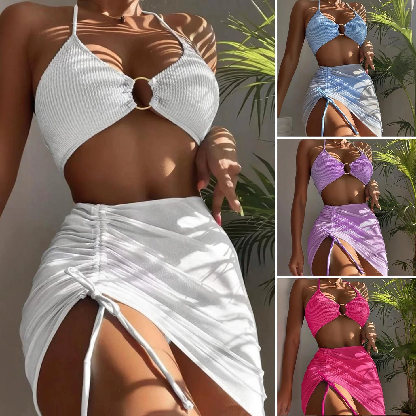 2024 Sexy Solid Push Up Tankini Set Strapped Woman Swimsuit Women High Waist Swimwear Backless Beach Bathing Suit White Bikinis