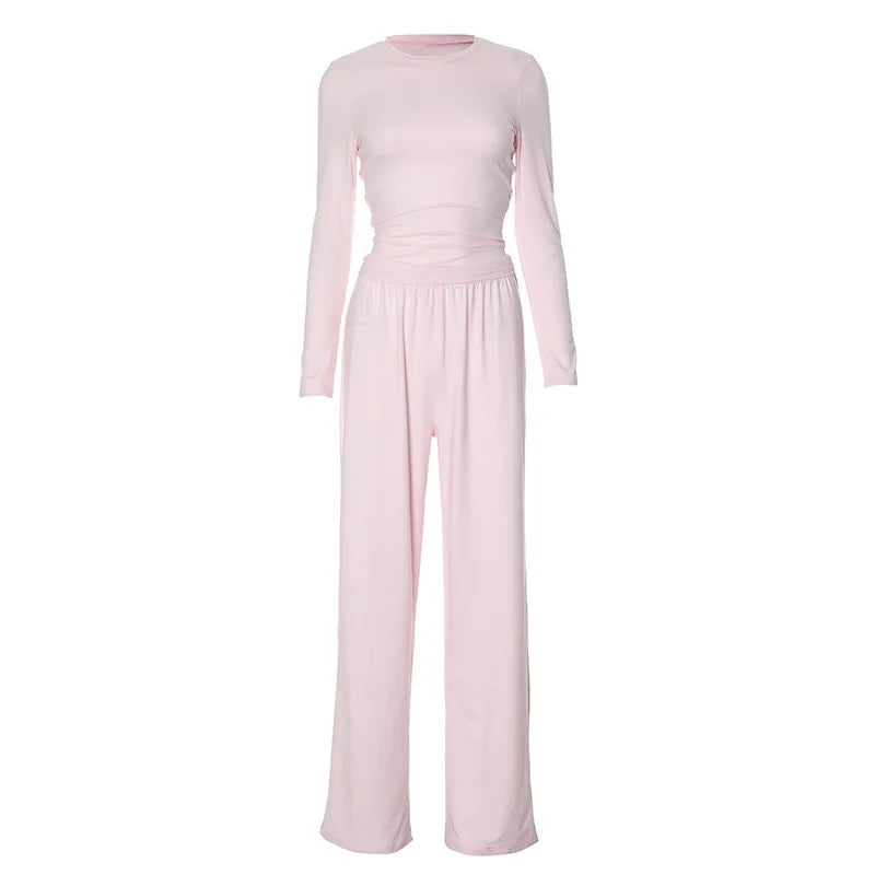 Basic Wide Leg Pants Leisure Suit Women 2025 Spring Solid Long Sleeve Top Casual Loose Trousers 2 Piece Set Hottie Streetwear