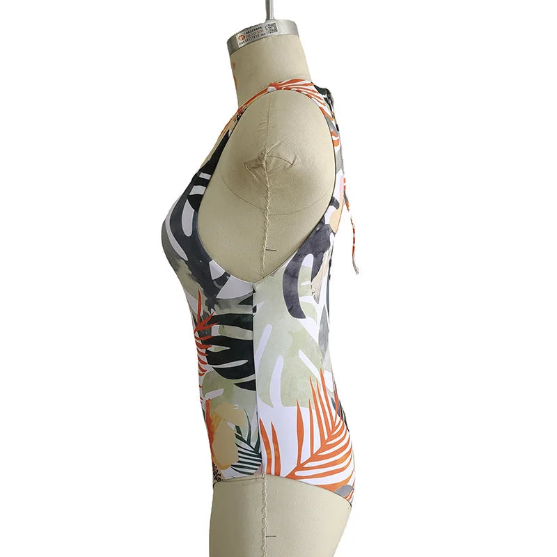 2023 Summer Conservative Tropical Plant Printing Bikini One-piece Swimsuit Beach Bikini Mini Micro Hot