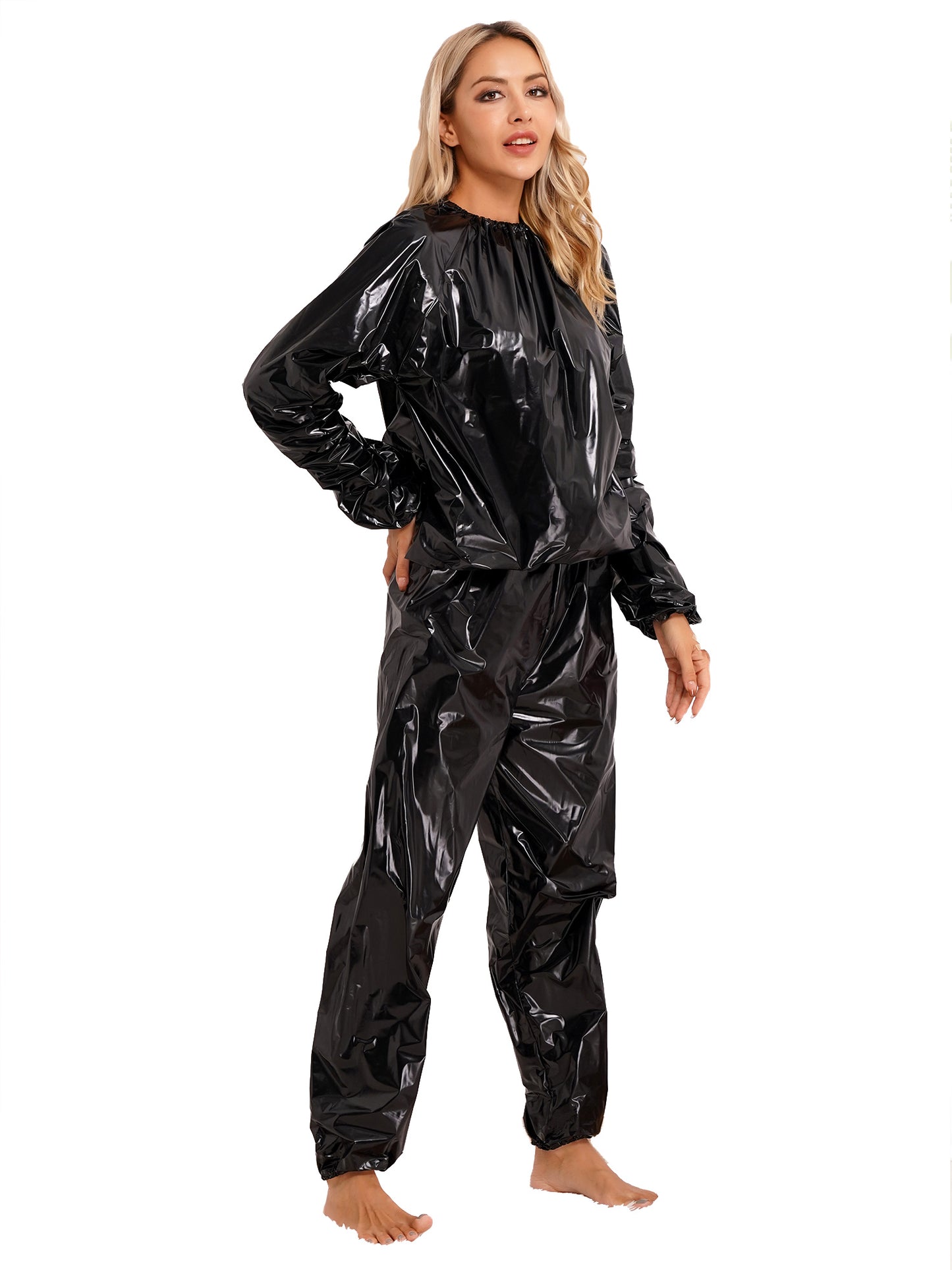 2Pcs Women Sauna Suit PVC Long Sleeve Elastic Cuff Top Pants Set Fitness Gym Workout Outfit Sweat Suits for Adults Clothes Sets