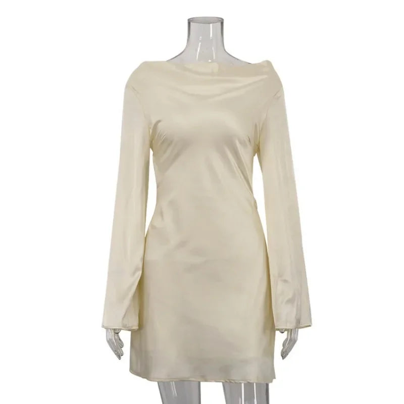 Tuularose Satin Backless Dress Women's Sexy Hollow Lace Up Long Sleeve A-Line Short Dress Elegant Swing Neck Party Evening Dress