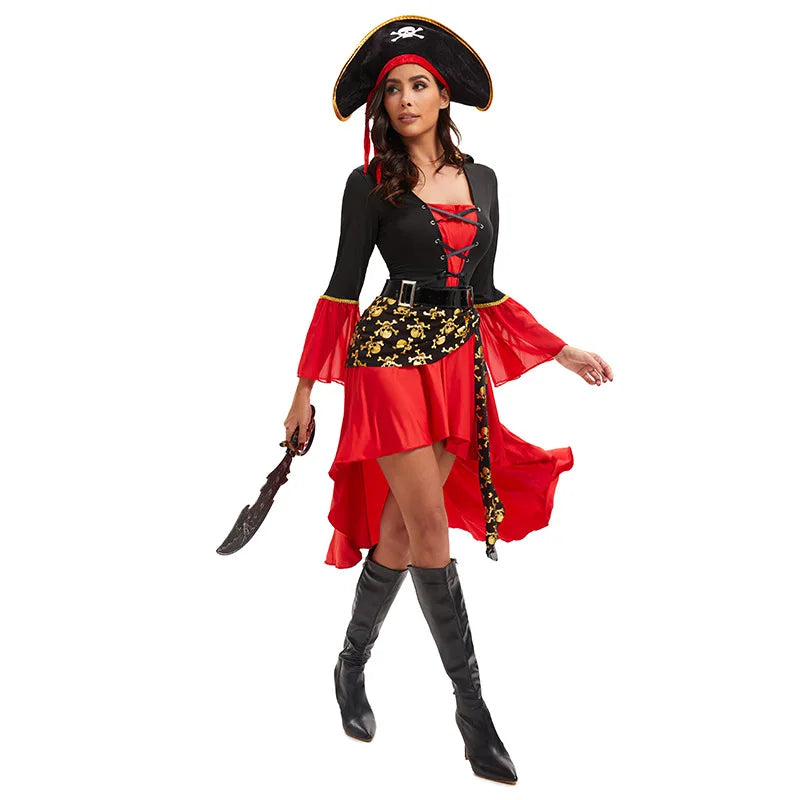 S-3XL Black Red Dress With Belt Pirate Hat Role Playing Cosplay Costume Halloween Women Sexy Underwear With Long Sleeves