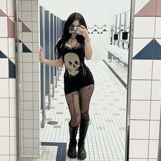Gothic Skull Print Club Party Cami Mini Dress Women's Harajuku Emo Grunge Punk Backless Lace Trim Bodycon
