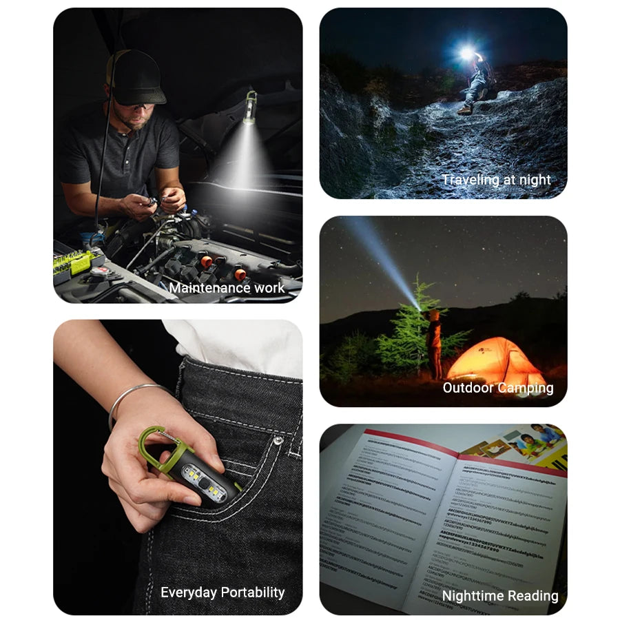 Mini Portable Keychain Flashlight Multifunction COB Work Light 6 Modes Emergency Rechargeable Light for Walking Searching Hiking