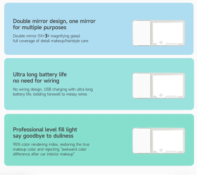 Car Sun Visor Makeup Mirror LED Touch Screen Adjustable Brightness Auto Interior Makeup HD Mirror with Magnifying Glass