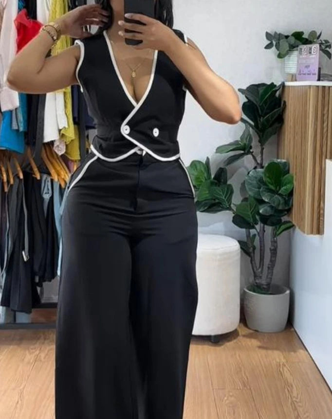 New Fashion 2024 Summer Casual Sexy Elegant V-Neck Buttoned Vest Top & Pocket Design Pants Set Womens Two Piece Sets Outfit