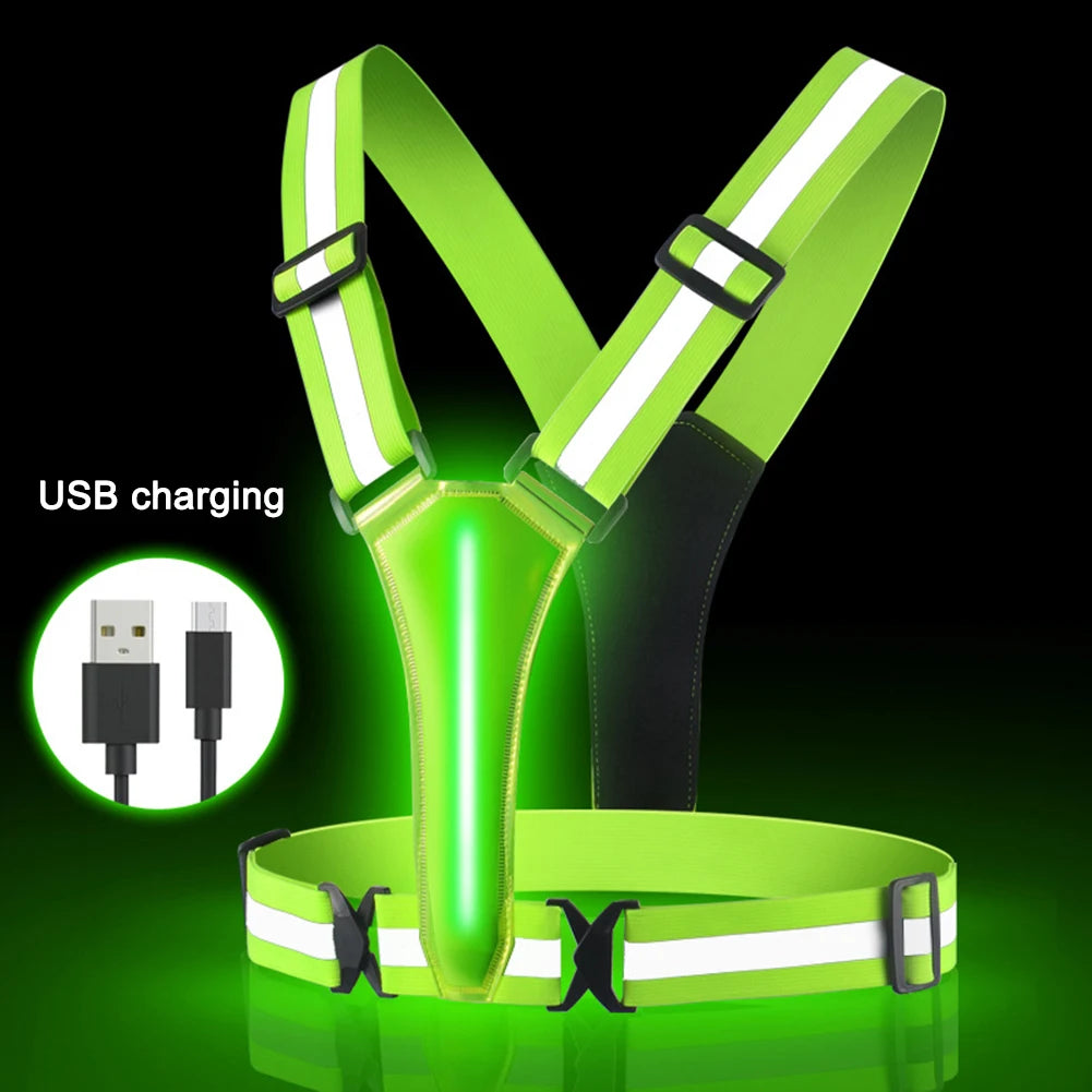 High Visibility Safety Reflective Vest USB Rechargeable LED Running Light Adjustable Cycling Vest Night Warning Work Sports Vest