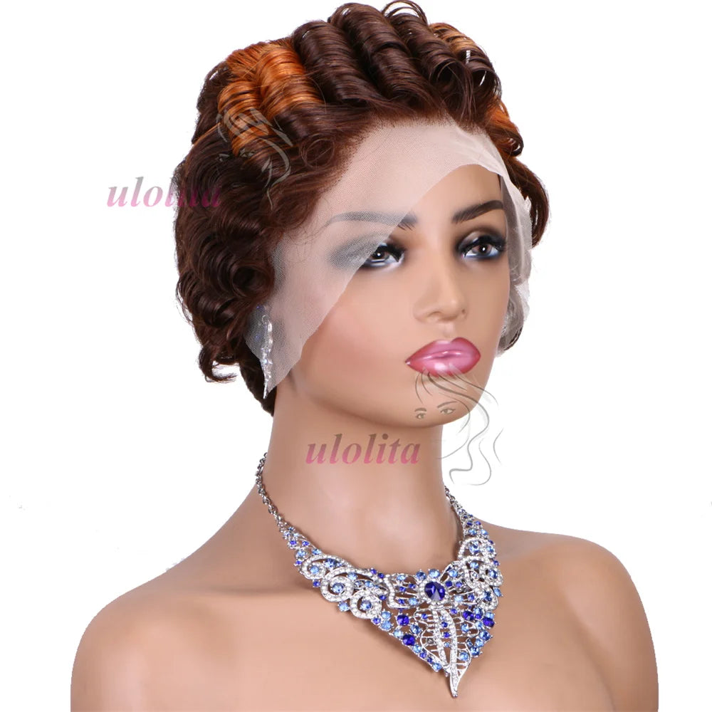 Pixie Cut Wig Short Curly Lace Front Human Hair Wigs For Black Women Raw Indian Finger Wave 13x4 Transparent Lace Frontal Wigs