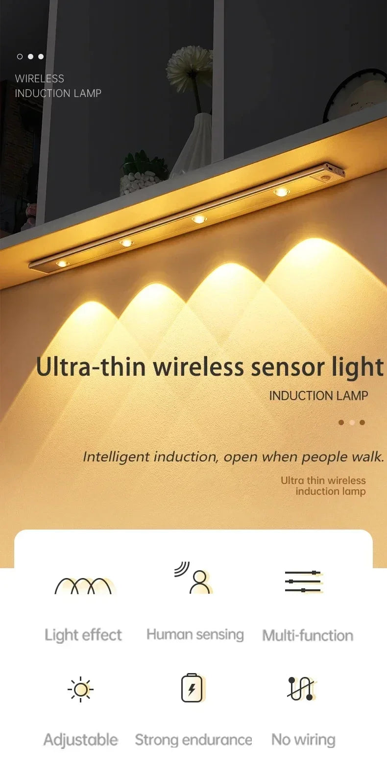 Motion Sensor LED Bar Light Rechargeable Cabinet Light 3 Colors Dimming  Kitchen Light for Closet Wardrobe Stairs 20/30/40/50cm