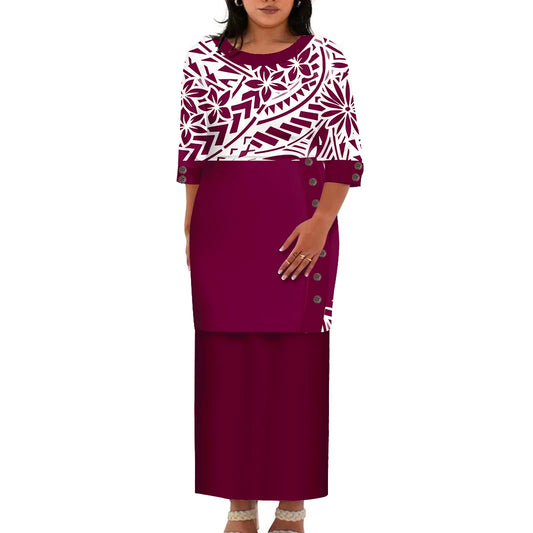 Hawaii Style Design Big Size Ladies Long Dress Custom Polynesian Puletasi Ptaha Dress O Neck Prom Clothes 2 Piece Outfits Sets