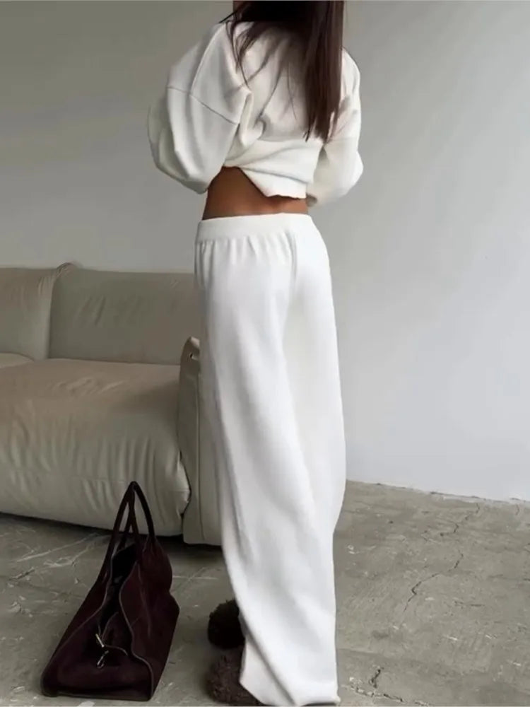 2025 Solid Color Knitted Sweater Two Piece Set Women Fashion Loose O Neck Knitting Pullover Trousers Sets Female Simple Style