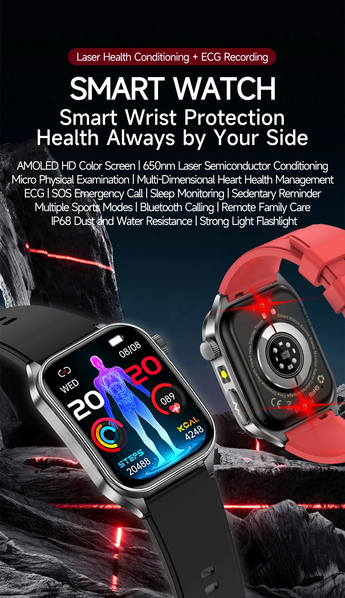 2025 New Mcro Phsical Examination 650nm Laser Therapy ECG Urci Acid Blood Fat Smart Watch Men Blood Pressure Heart Rate Bracelet