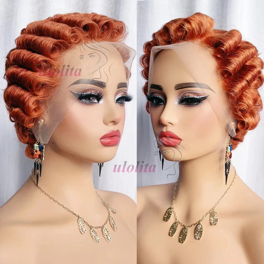 Pixie Cut Wig Short Curly Lace Front Human Hair Wigs For Black Women Raw Indian Finger Wave 13x4 Transparent Lace Frontal Wigs