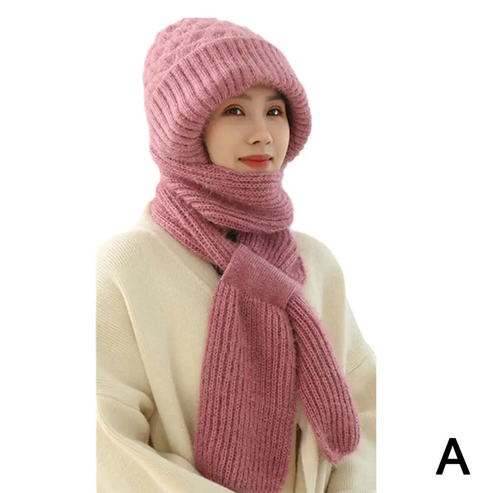 Winter Knitted Integrated Hat Scarf Set Cold Proof Ear Protection Scarf Warm Beanies Cycling Windproof Ladies Outdoor Caps
