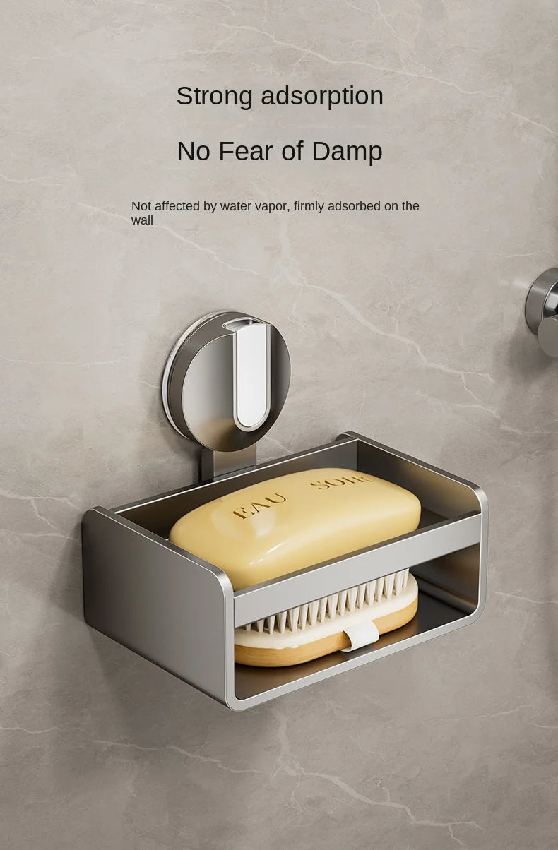No-Drill Bathroom Soap Holder - Suction Cup Wall Mount Organizer Double Drainage, Holds Soap & Sponge, Space-Saving Storage Rack