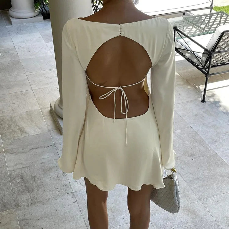 Tuularose Satin Backless Dress Women's Sexy Hollow Lace Up Long Sleeve A-Line Short Dress Elegant Swing Neck Party Evening Dress