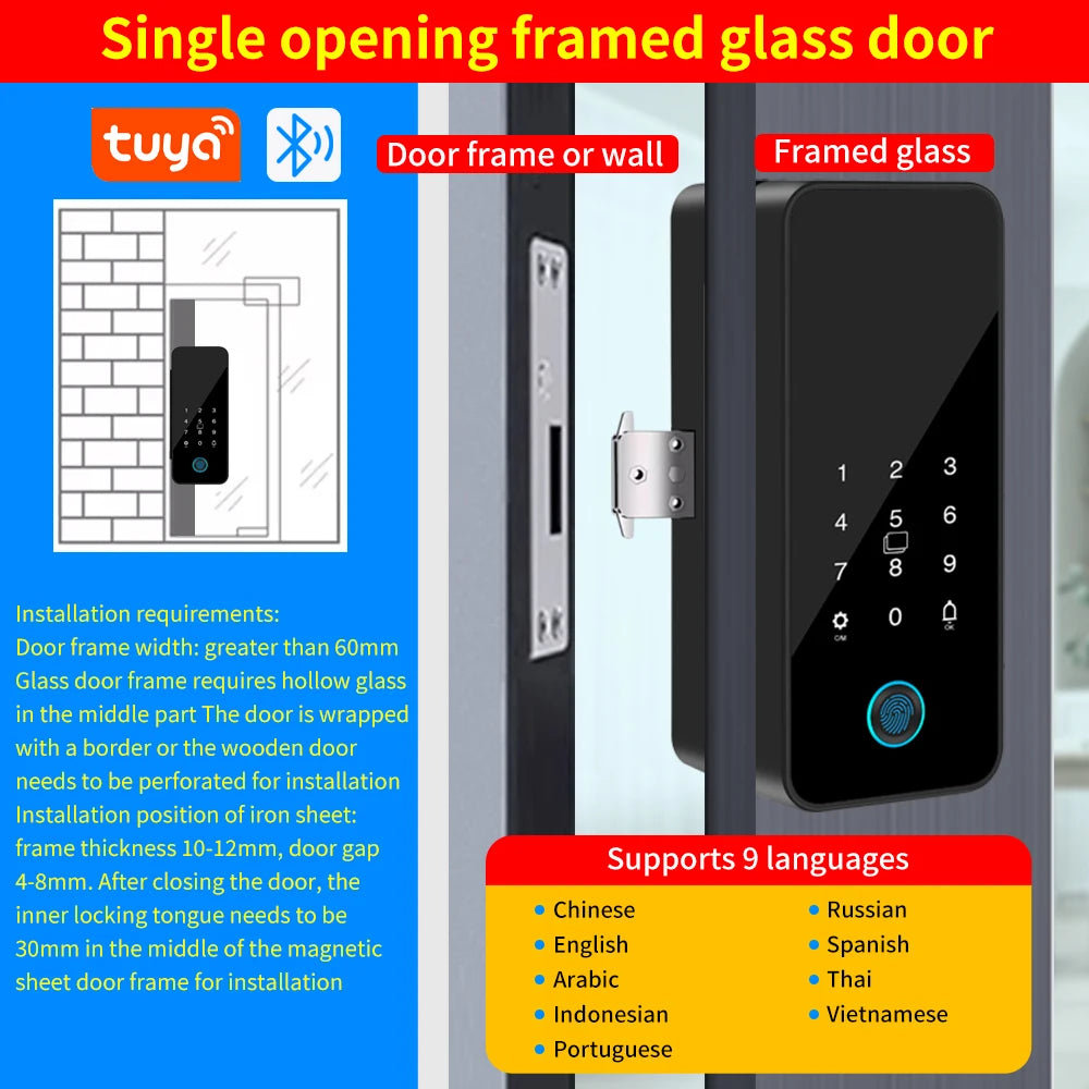 Tuya APP Glass Door Fingerprint Lock Bluetooth Smart Biometric Electronic Office Glass Door Lock 13.56Mhz RFID IC Keyless Unlock