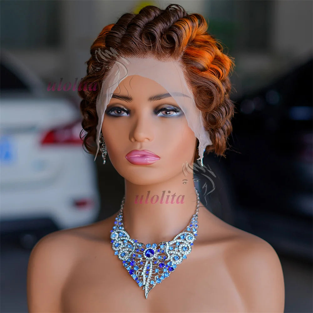 Pixie Cut Wig Short Curly Lace Front Human Hair Wigs For Black Women Raw Indian Finger Wave 13x4 Transparent Lace Frontal Wigs