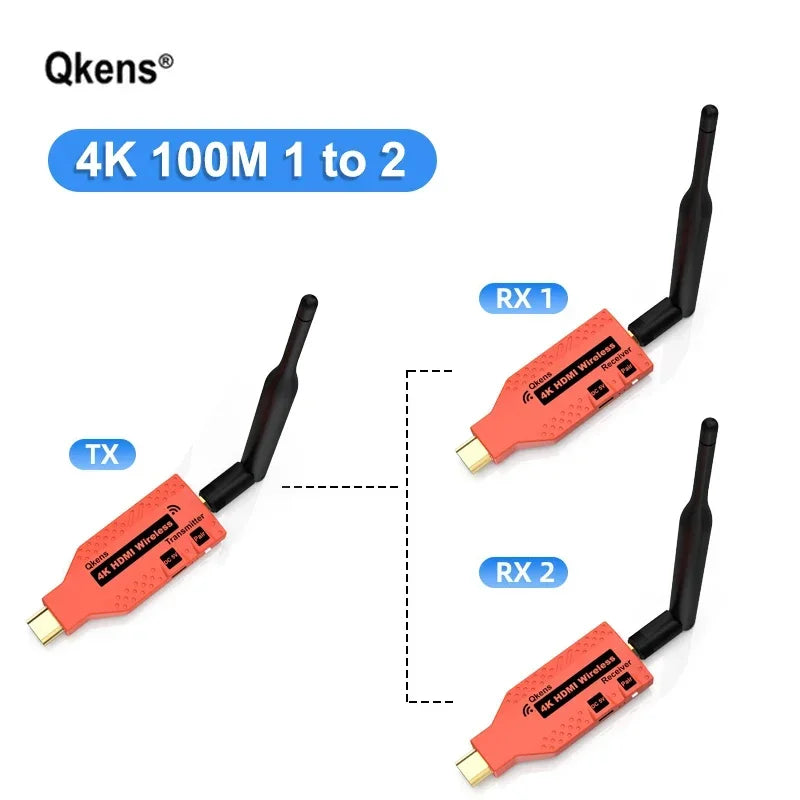 4K Wireless HDMI Extender 1x2 Splitter Video Transmitter and Receiver Display Adapter for DVD Camera Laptop PC To TV Projector
