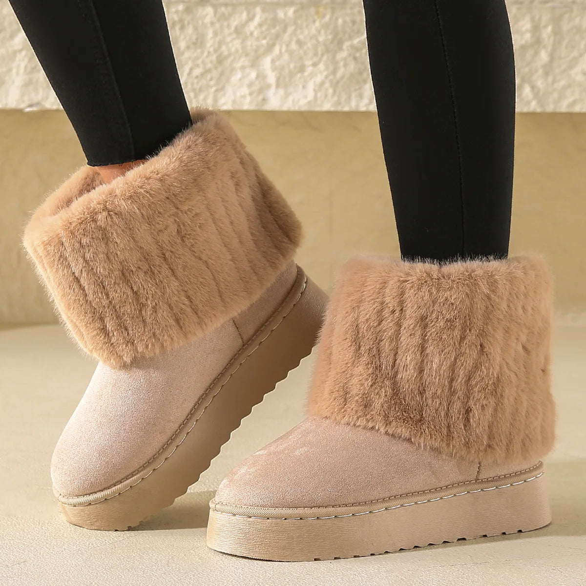 36-41 Women Snow Boots Winter Ankle Botas Stripe Fur Plush Cotton Shoes Platform Thick-soled Non Slip Fluffy Solid Warm Footwear
