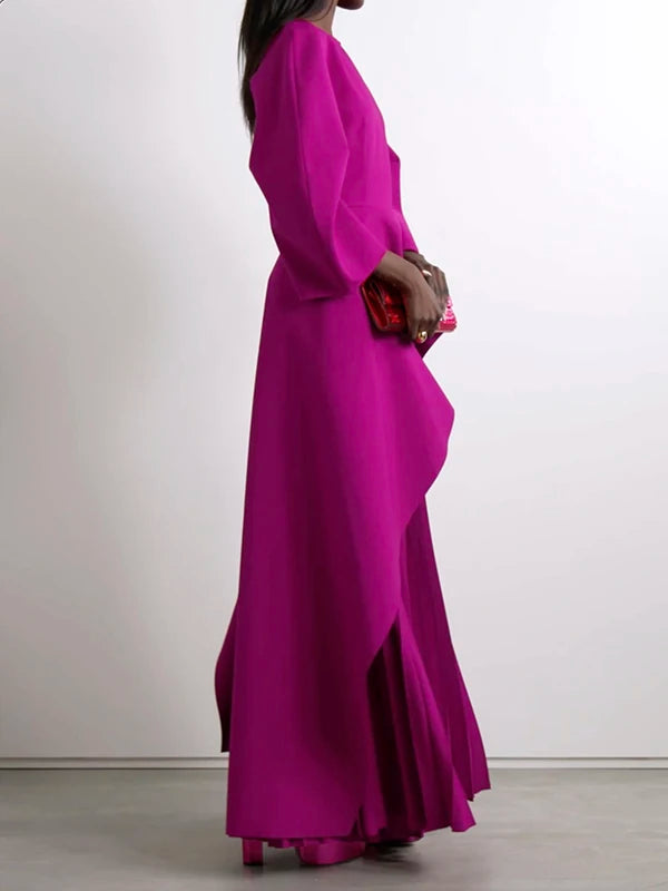 Yeezzi Elegant Solid Color Split-Joint Tiered Pleated Cocktail Dress Long Sleeves O-Neck Party Banquet Maxi Dresses 2025 New