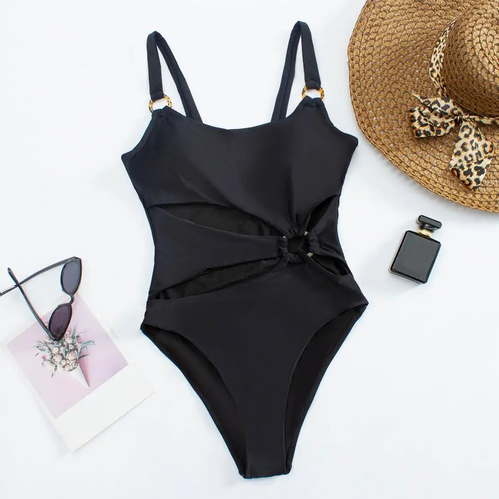 One-piece Women's Swimsuit Solid Color Square Neck Women's Bikini With Padded Elegant Hollow Design Beach Vacation Swimwear