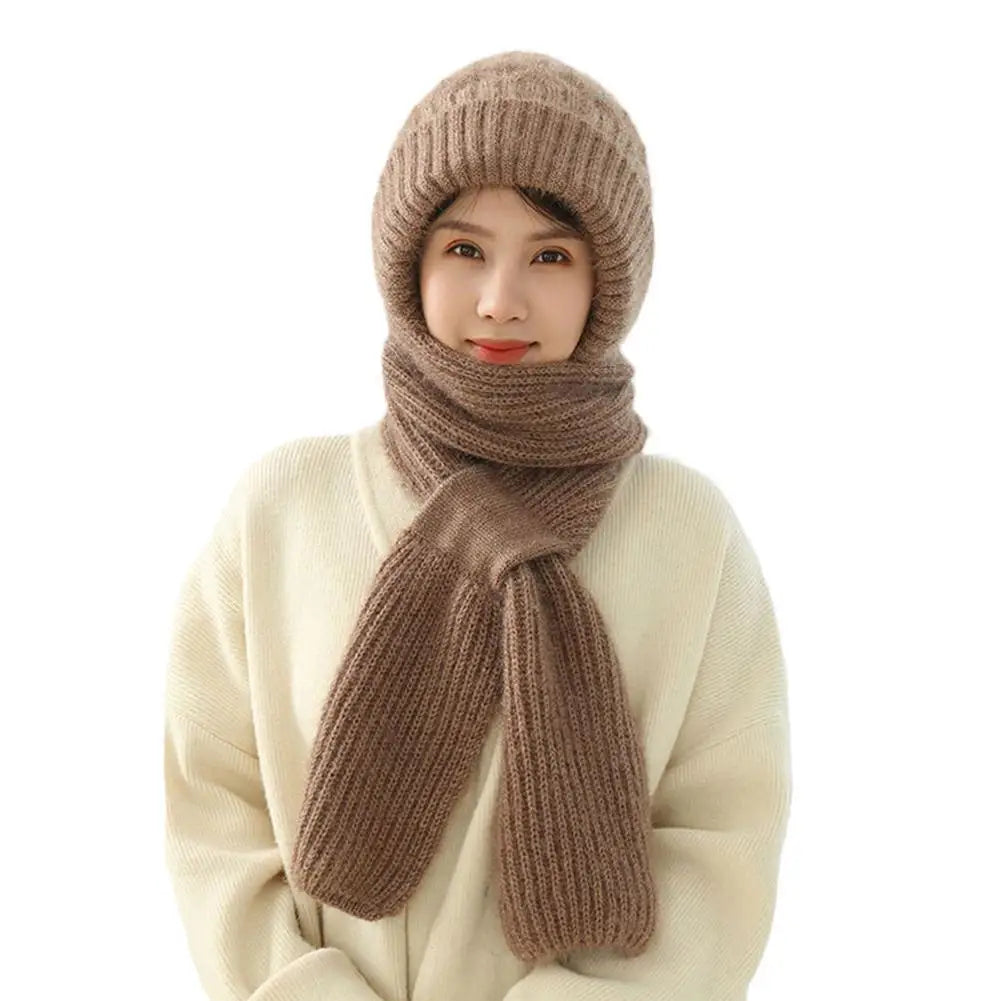 Winter Knitted Integrated Hat Scarf Set Cold Proof Ear Protection Scarf Warm Beanies Cycling Windproof Ladies Outdoor Caps