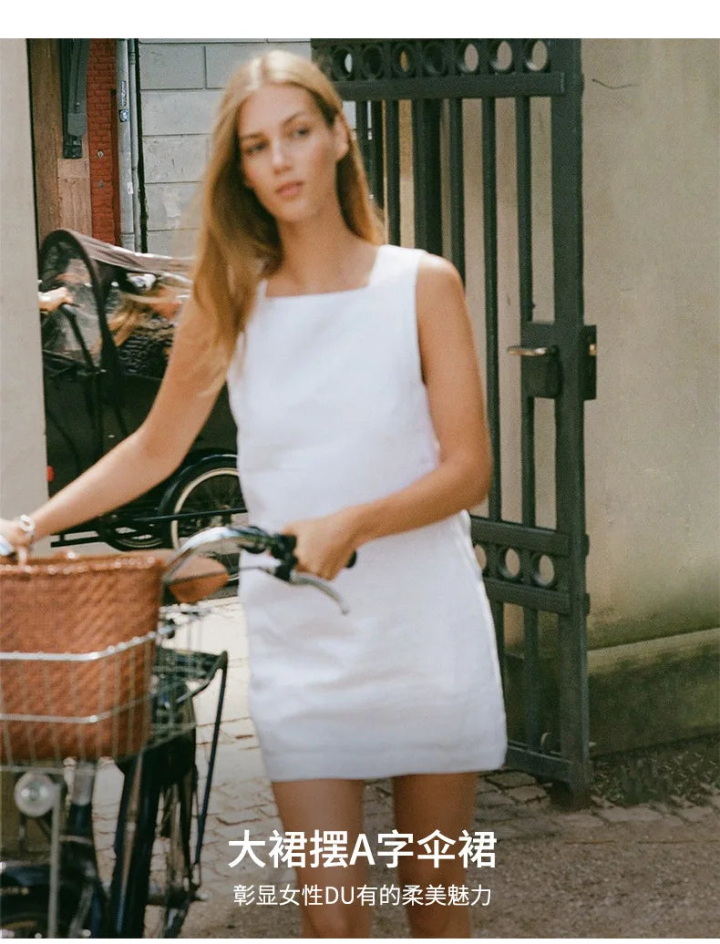 Dresses 2025 Woman Cotton Linen Square Collar Sleeveless Summer White Black Short Mini Holiday Beach Streetwear Elegant Vestidos