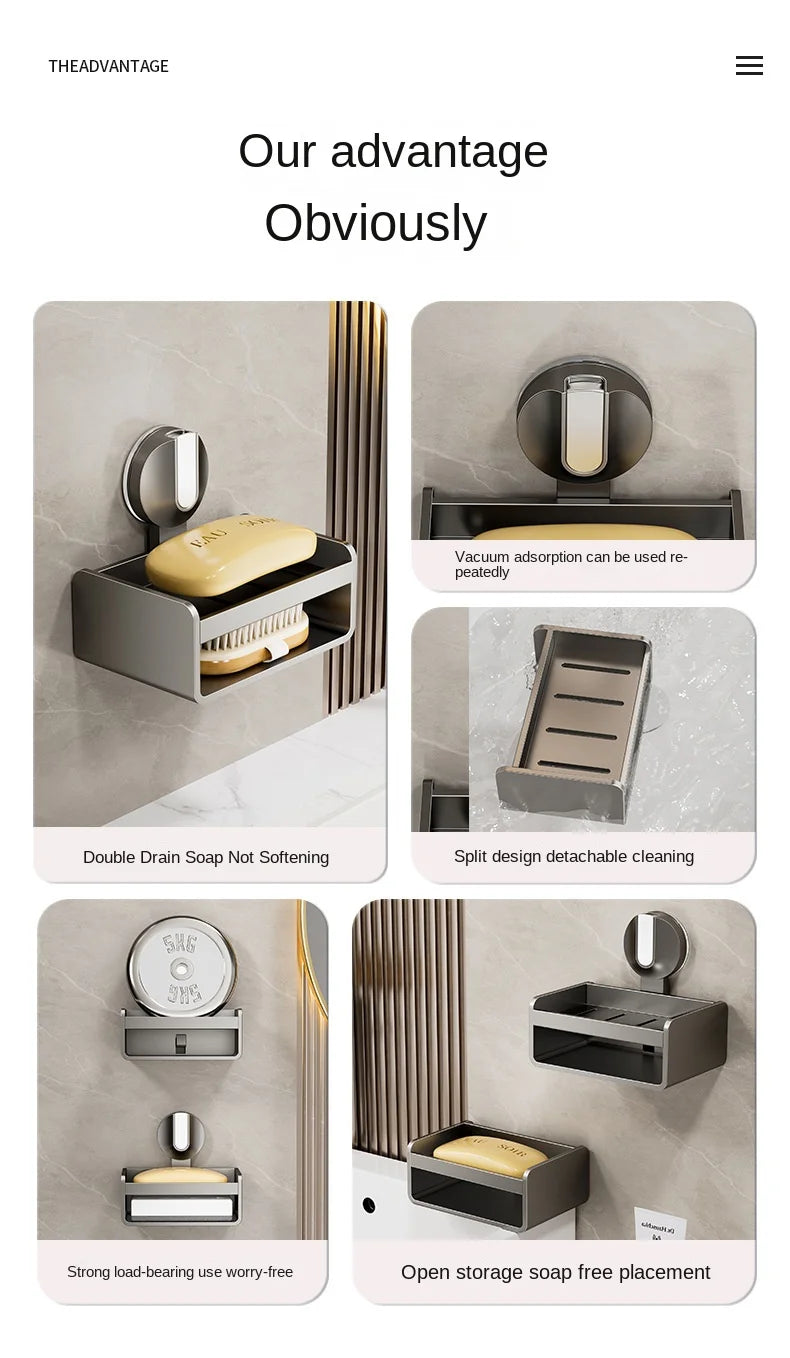No-Drill Bathroom Soap Holder - Suction Cup Wall Mount Organizer Double Drainage, Holds Soap & Sponge, Space-Saving Storage Rack