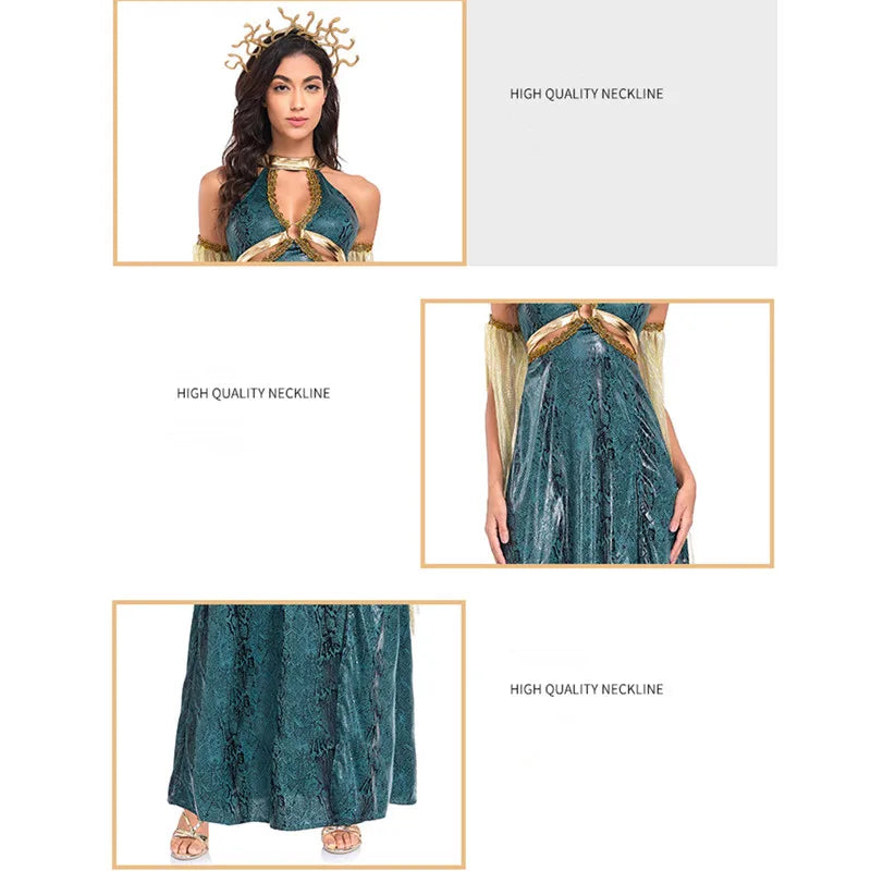 Women Retro Medusa Snake Costume With Headband Sexy Snake Demon Goddess Roleplay Long Slit Dress Halloween Cosplay Party Costume