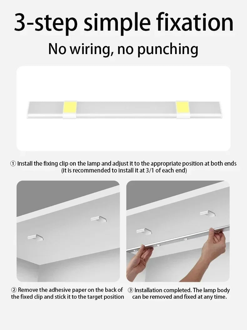 Motion Sensor LED Bar Light Rechargeable Cabinet Light 3 Colors Dimming  Kitchen Light for Closet Wardrobe Stairs 20/30/40/50cm